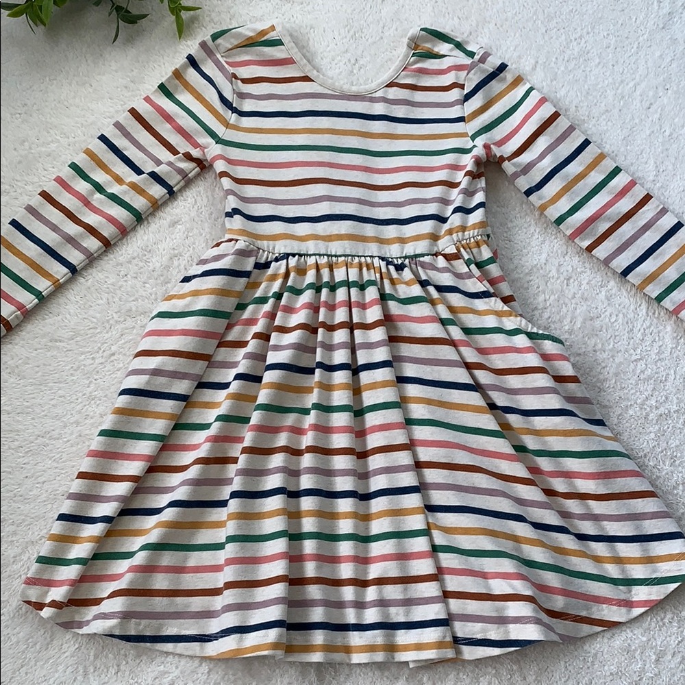 RuffleButts Sunrise Rainbow Striped Girls Dress w/Bow & Pockets 6 EUC
